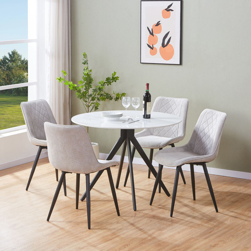 Aspen Sintered Stone Round Table with 4 Diamond Stitch Upholstered Fabric Chairs - Modern Dining Set, Light Grey