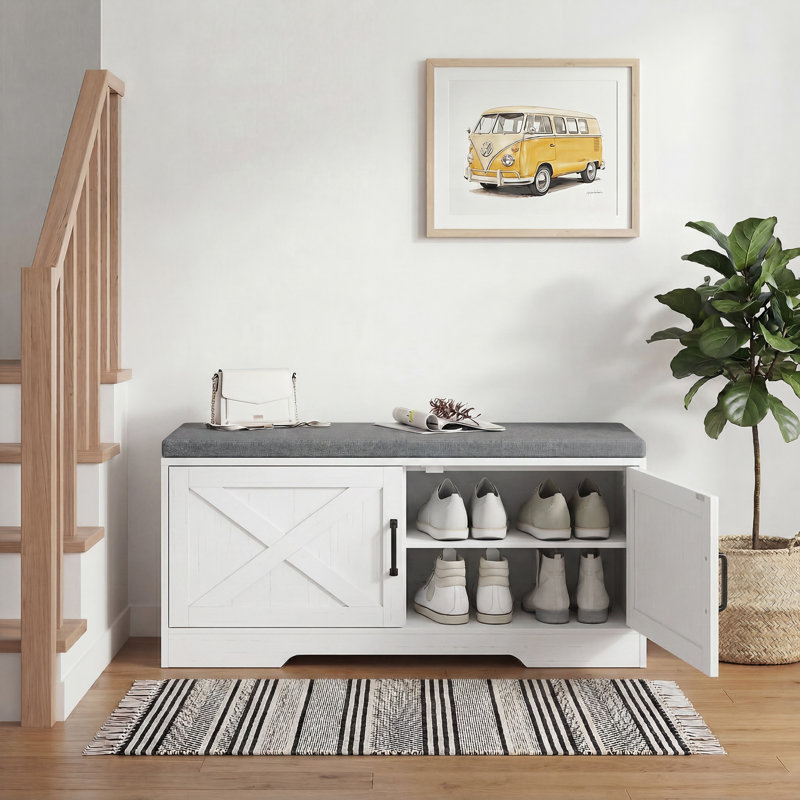 Banc de rangement à chaussures à 2 niveaux, banc à chaussures avec coussin, blanc, H 17,7 po x l 39,4 po x P 13,8 po