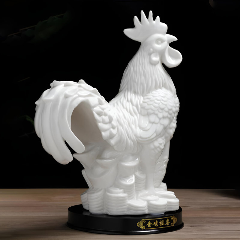 Handcrafted Ceramic Rooster Statue For Prosperity, White