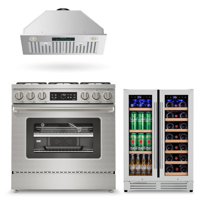 3-Piece Kitchen Appliance Package with 36" 6.1 cu. ft. Dual Fuel Slide-In Range 6 Burners Up to 22,000 BTUS, 30" Ducted/Ductless Insert Range Hood, 24" Dual Zone Beverage & Wine Refrigerator, Stainless Steel