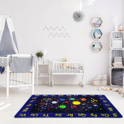 Tapis pour enfants 3x5, système solaire, alphabet ABC, antidérapant, à poils courts, doux, tapis pour chambre à coucher, bleu.