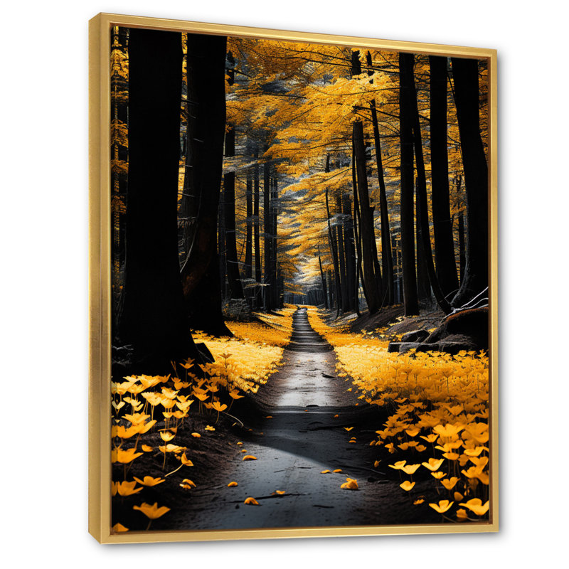 Sentier de solitude dans la forêt jaune - art mural floral, salon, H 44 po x l 34 po x P 1,5 po, Cadre flottant doré