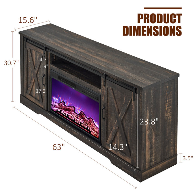 Chiara Farmhouse Fireplace TV Stand with Sliding Barn Door for TVs up to 73",Dark Rustic Oak, Dark Rustic Oak