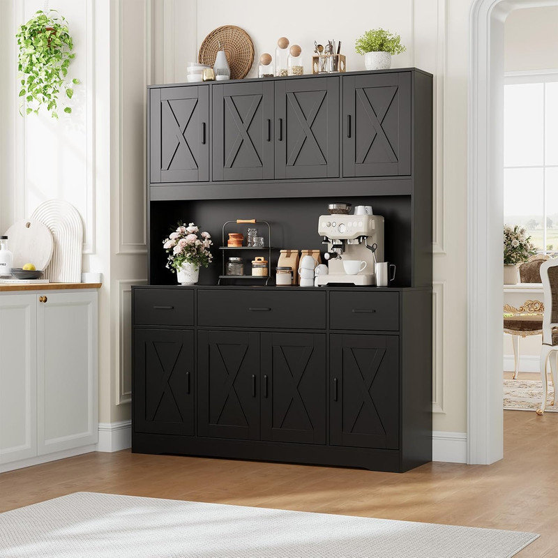 Armoire de rangement de style campagnard de 71 pouces avec prises électriques, espace de rangement de 55 pouces de large avec 6 étagères réglables, 3 tiroirs et 8 portes