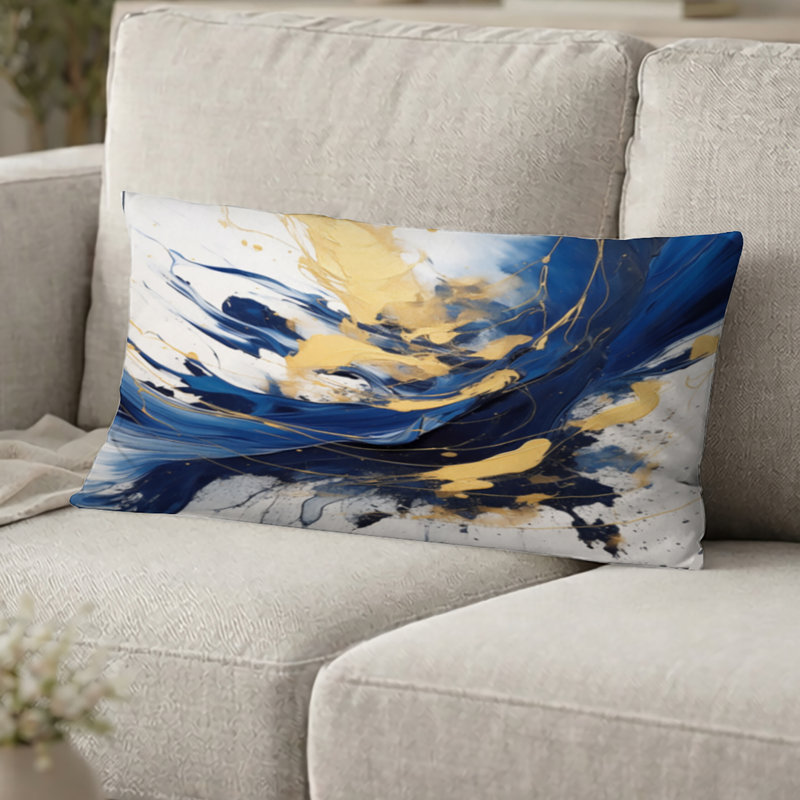 Coussin décoratif bleu foncé et doré Strokes V - coussin imprimé Fractals, H 12 po x l 20 po