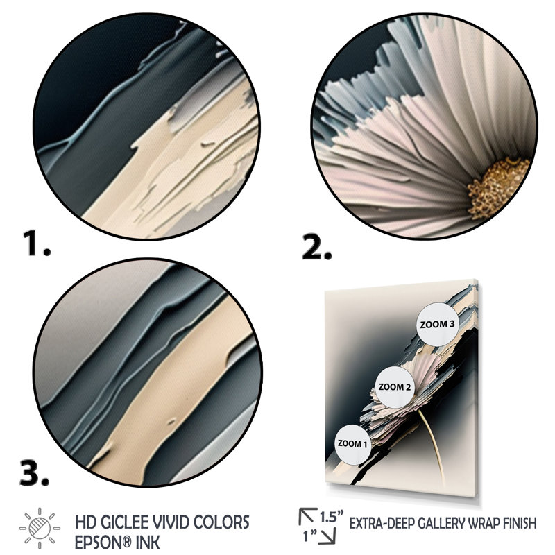 «White Gerber Flowers Hyperrealistic I», reproduction sur toile, Impression noire sur toile encadrée, L 12 po x H 20 po