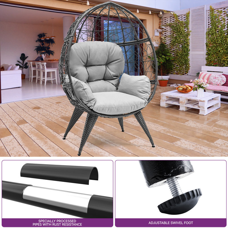 Gray Wicker Egg Chair with Cushions and Iron Frame
