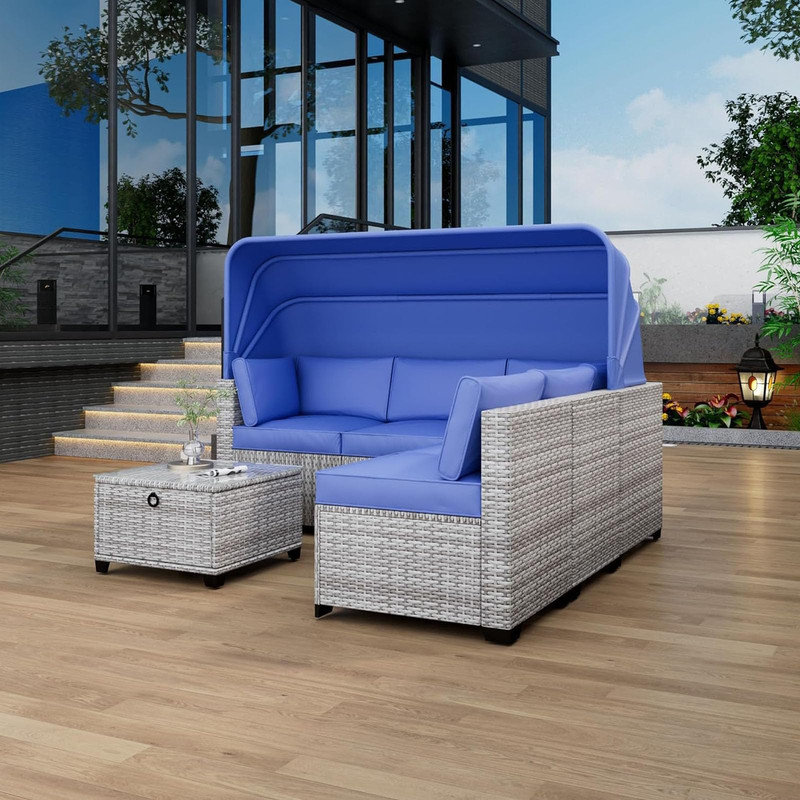 Ensemble de patio modulaire d'extérieur 6 pièces avec auvent, chaises longues et table basse