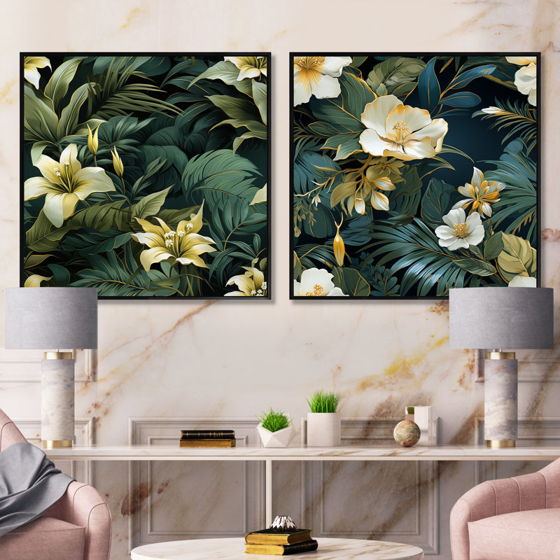 Sherborn - Ensemble de 2 collages carrés floraux, Cadre flottant noir, H 16 po x l 33 po