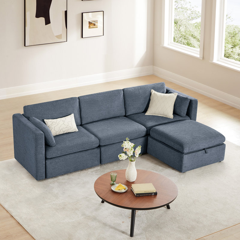 Canapé modulaire 4 pièces 112,6 po 4 pièces, Mélange de lin bleu