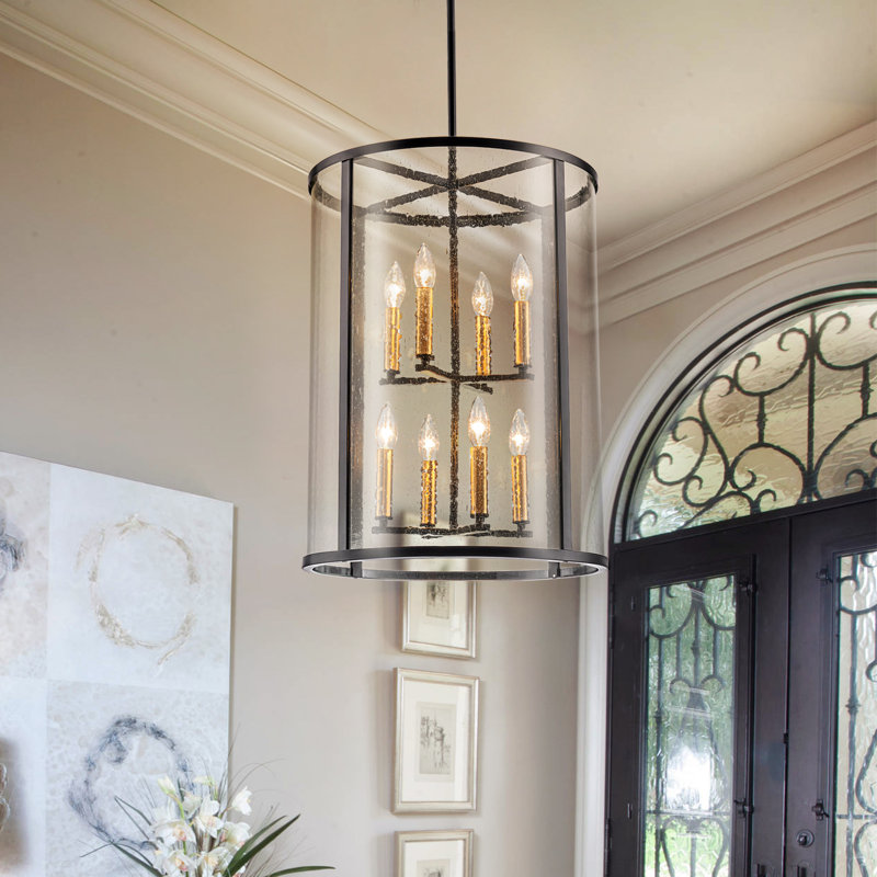 8-Light Dimmable Black Gold Glass Drum Chandelier