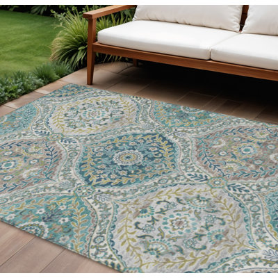 Tapis extérieur lavable floral bleu sarcelle 8 pi x 10 pi bleu sarcelle vert et beige