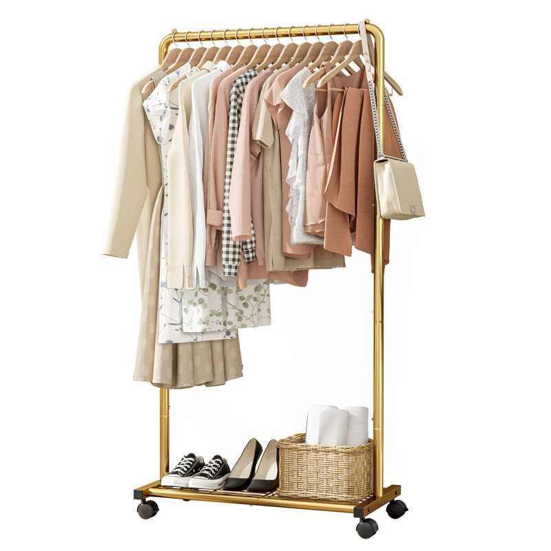Portant à vêtements en métal avec tablette en filet et roulettes, Doré