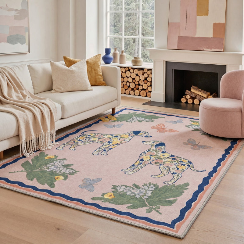 Tapis rose / bleu à motif animal lavable à la machine avec envers antidérapant, Rectangle 6 pi x 9 pi