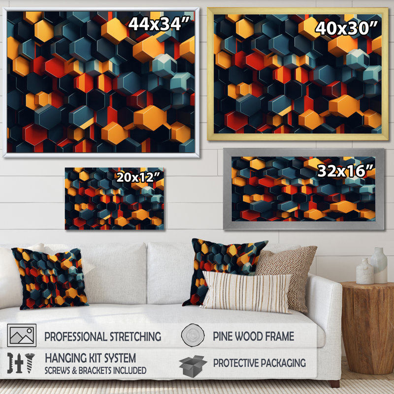 «Orange and Blue Geometric Abstractions I», reproduction d'art sur toile, Cadre flottant noir, H 12 po x l 20 po x P 1 po