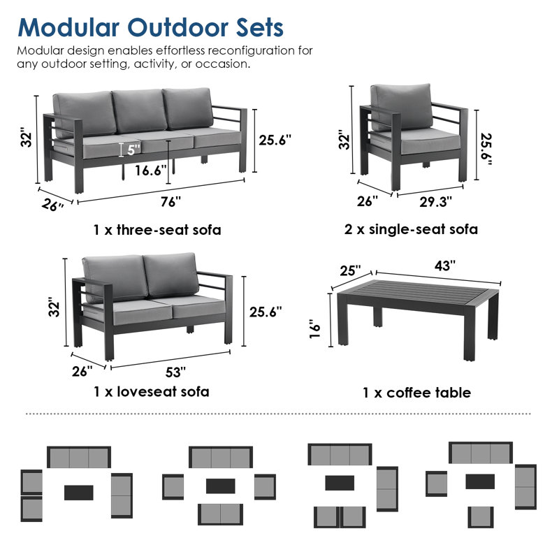 Ensemble de conversation d'extérieur en aluminium avec coussins 7 personnes , Structure gris-noir / coussin gris foncé