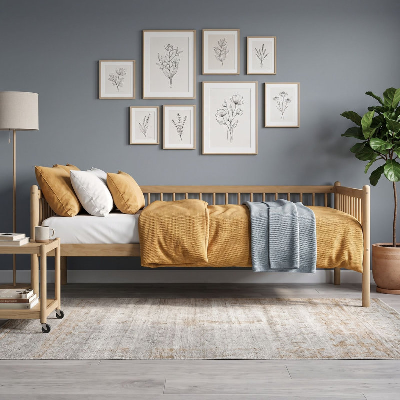 Lit de jour simple en bois avec garde-corps à trois côtés, Naturel