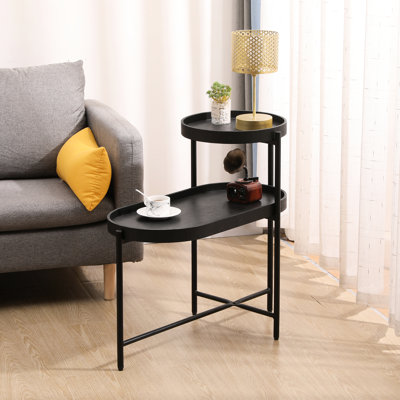 Métal noir et table en bois 2 pour le salon - rangement stable, ornement fonctionnel de cadre de pièce latéral