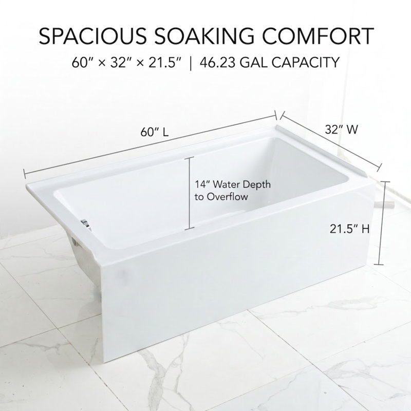 Condris Opal 60" L x 32" W Modern Acrylic Alcove Soaking Tub with Slip-Resistant Bottom - White, Left