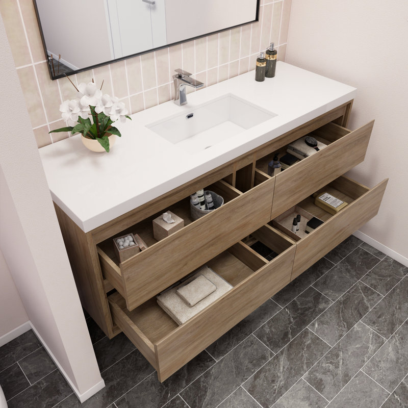 Azden 60" Wall-Mounted Single Bathroom Vanity Set, White Oak