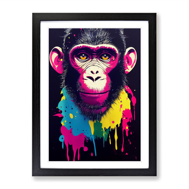 XV1022-3348X Painted Monkey No.5 - Single Picture Frame Painting, Black , 64cm H x 46cm W x 2cm D