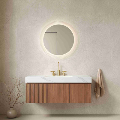 Meuble-lavabo de salle de bain, armoire de rangement en contreplaqué flottant avec tiroir et portes, plateau en pierre frittée et lavabo en céramique avec 3 trous de robinet pré-percés, pré-assemblé
