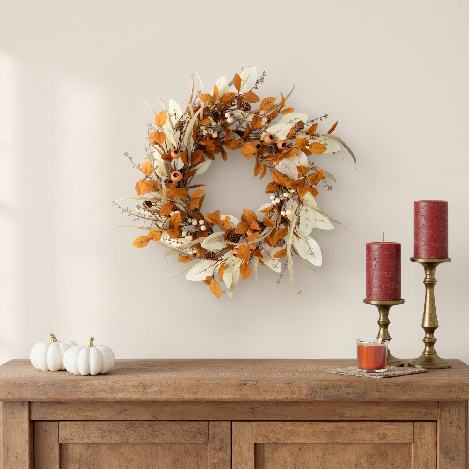 24" Artificial Mixed Foliage Fall Wreath, Brown