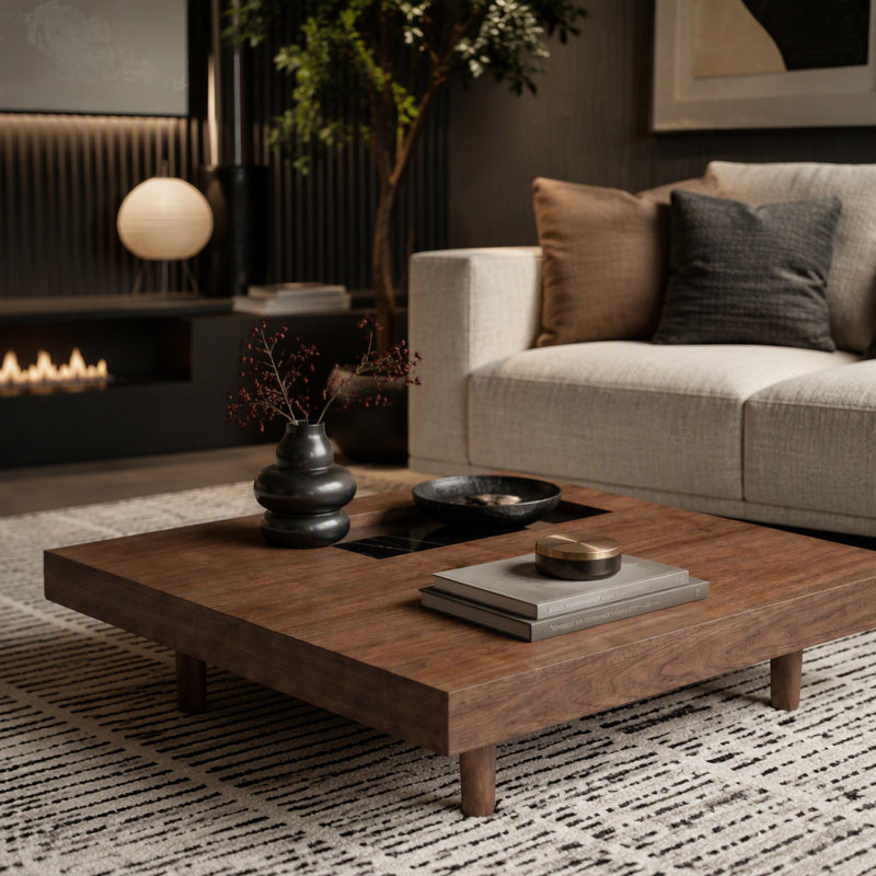 Table basse carrée avec rangement et base piédestal robuste pour petits espaces