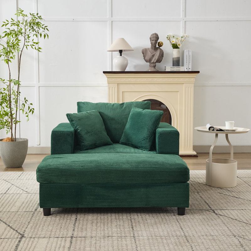 Corduroy Upholstered Sofa Lounge Chair With Removable Ottoman And Pillows, Green