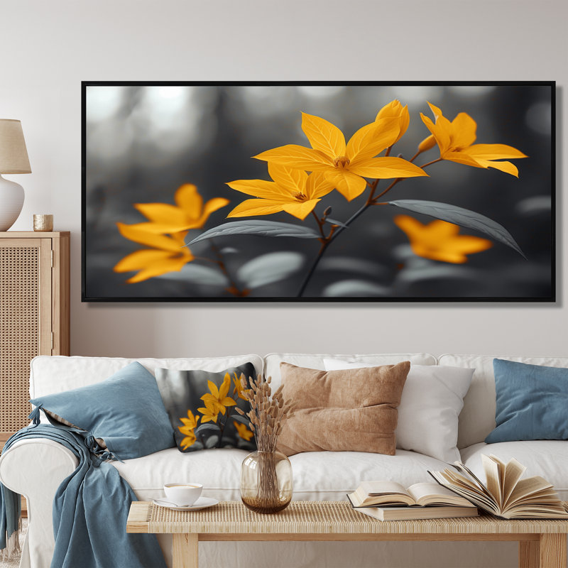 Fleur de cerisier jaune et jaune III, Toile avec cadre flottant noir, H 28 po x l 60 po x P 1,5 po