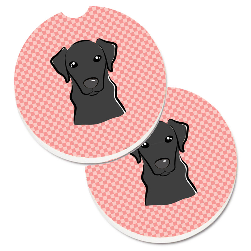 Ceramic Round 2 Piece Car Coaster Set, Pink, Black Labrador
