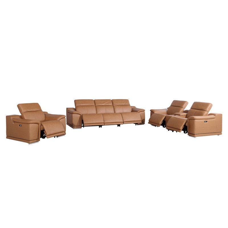 Vladimir 7-Piece Modular Power Reclining Sofa, Loveseat, And Chair Set – 6 Recliners, Top Grain Italian Leather, Cognac