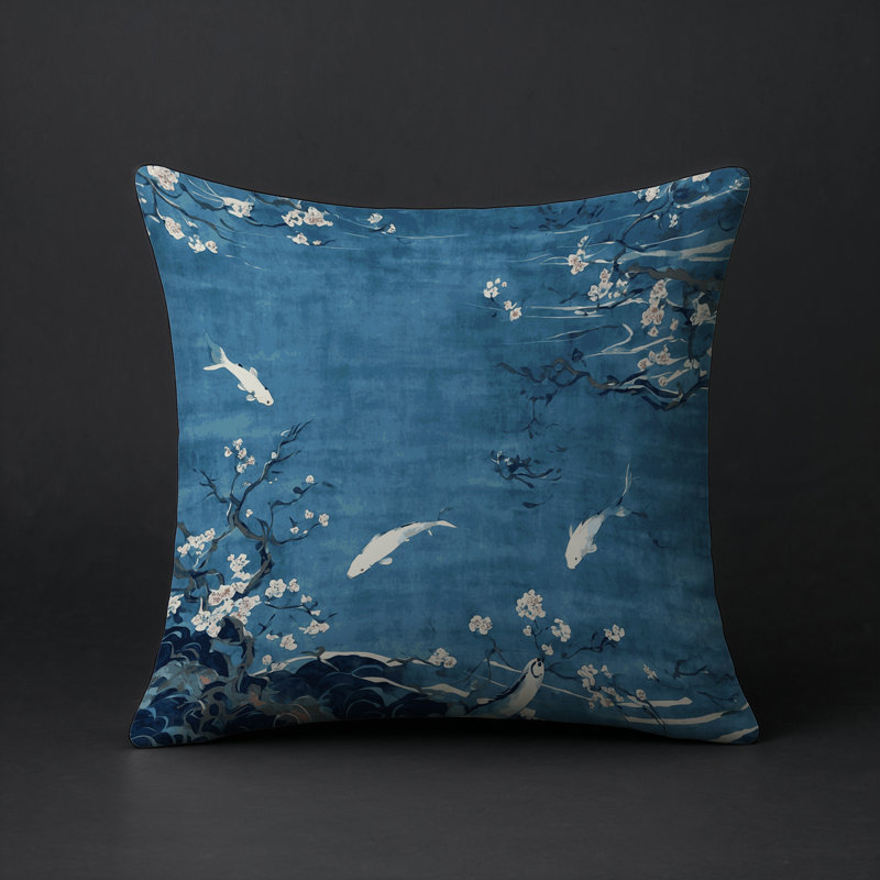 Coussin décoratif intérieur / extérieur gris Modern Modern, Carré 16 po, Motif floral bleu / blanc