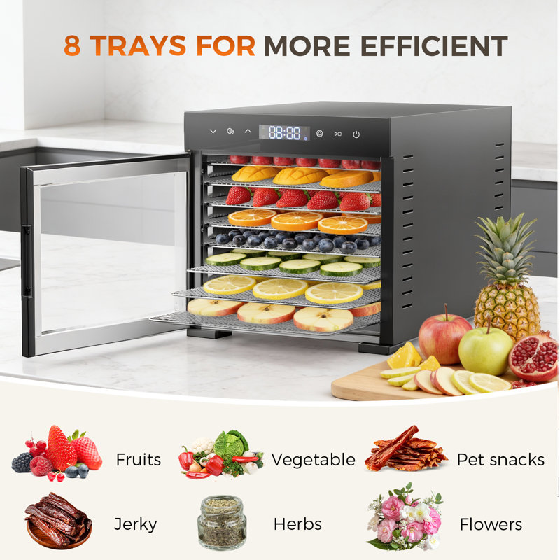 8-Tray Digital Dehydrator with Horizontal Airflow, LED Touch Panel & Dishwasher-Safe Trays, Black
