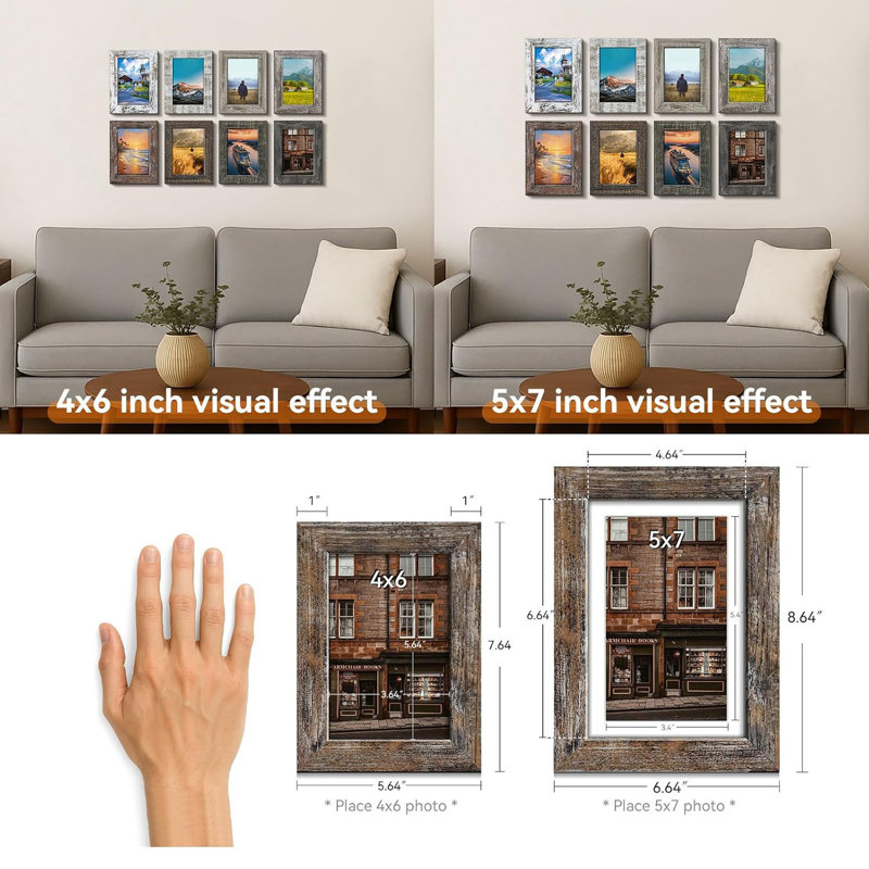 Ensemble de 8 cadres photo 4 x 6 de style industriel rustique, verre véritable haute définition pour affichage mural et de table