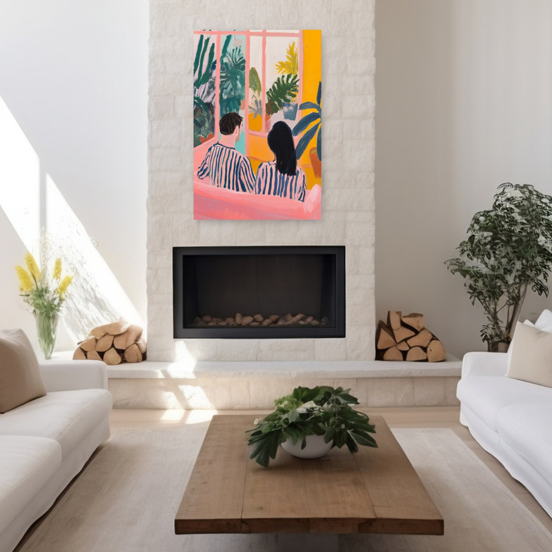 Cozy Couple Window View Colorful Modern Peaceful Plant Architecture Wall Art Print 1 Piece Wrapped Canvas Wall Art