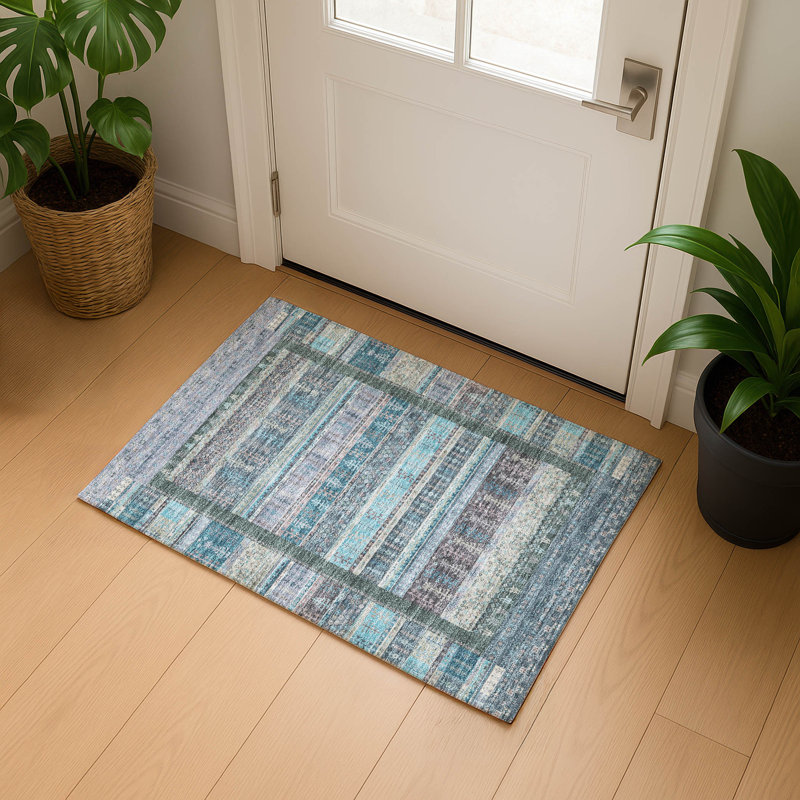Premium Machine Washable Mayfield AMF2160 Striped Rug, Rectangle 1'8" x 2'6", Teal