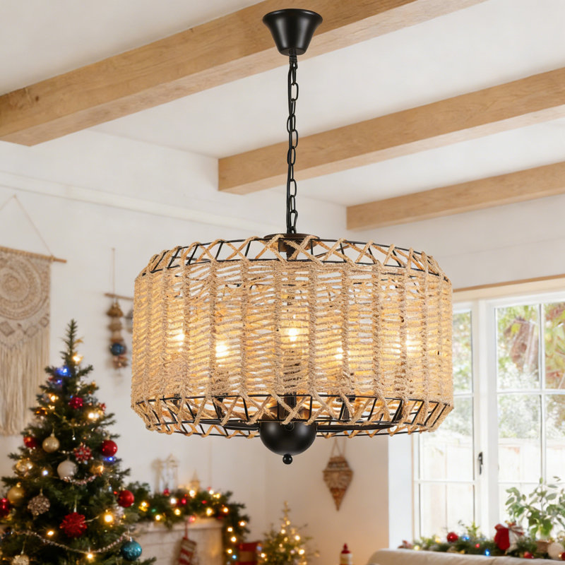 Lustre tambour 5 lumières bohémien à intensité variable avec abat-jour naturel en corde de chanvre pour cuisine, salon, salle à manger