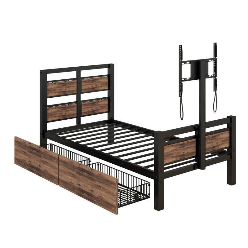 Selia Twin Size Metal Platform Bed with Two Storage Drawers and Rotatable TV Stand, Black/Brown