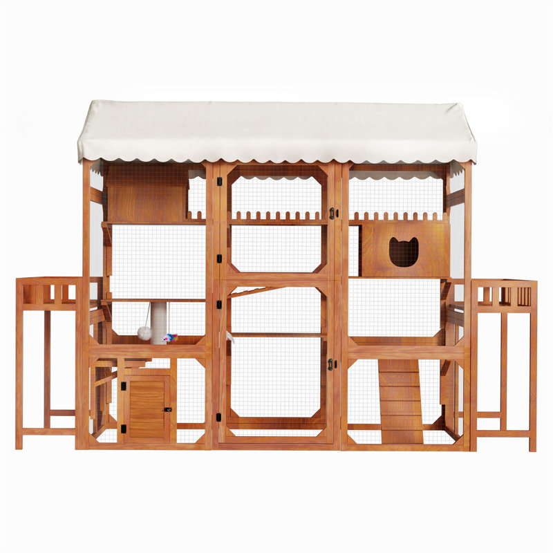 Grande cage d'extérieur en bois pour chat avec 2 supports à plantes, Brun