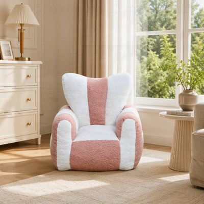 Comfy Teddy Beanbag Chair for Kids, Lovely Lazy Sofa with Color-Block, Heart-Shaped Backrest, Large Reading Chair