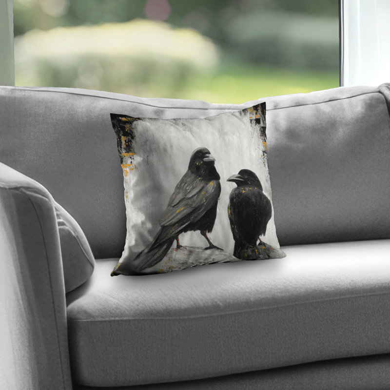 Two Crows Birds Hyperrealist Throw Pillow | Home Decor – Poly Twill Throw Pillow with Insert, Double-Sided Print
