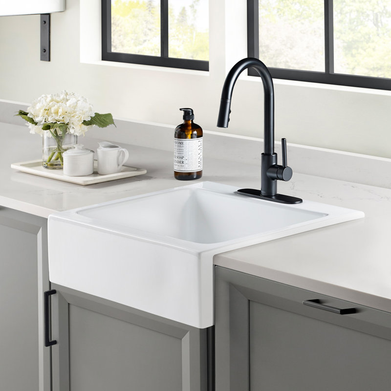 Parker White Fireclay 26" Single Bowl Quick-Fit Drop-In Farmhouse Apron Kitchen Sink (3 Holes) and Drain