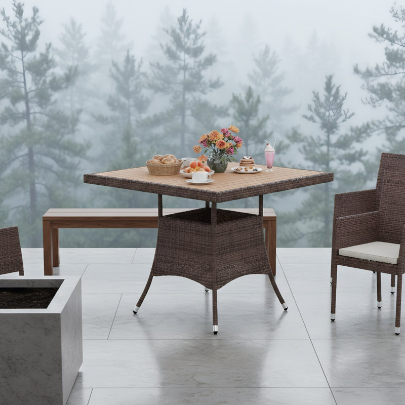 Table de salle à manger 1 pièce carrée en rotin brun avec bois d'acacia