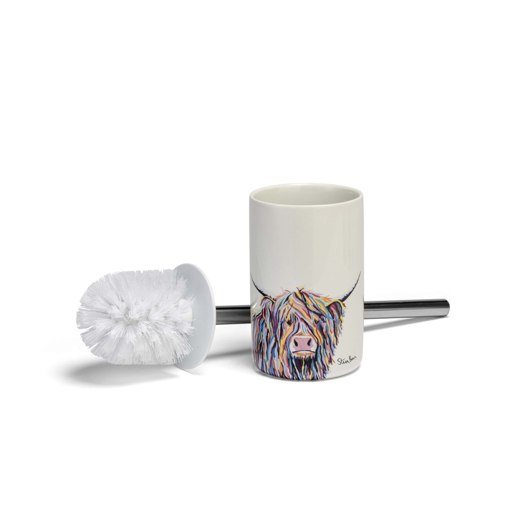 Ceramic Toilet Brush & Holder with Steven Brown Highland Cow Art