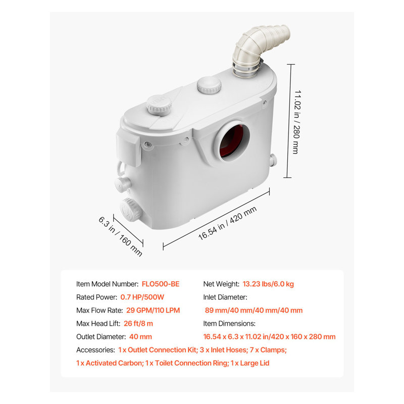 500W High-Flow Macerator Pump, 29 GPM Sewage Ejector with Odor Control, 26ft Head Lift for Basement Bathroom, Toilet, Sink & Shower