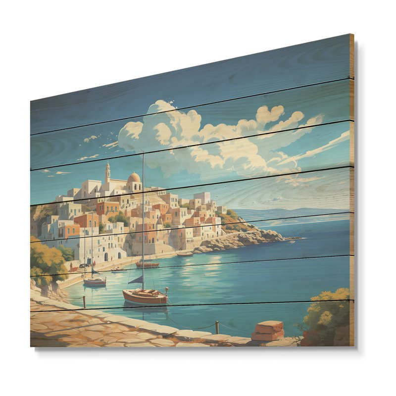 Syros Serenityscape II - Paysage portuaire côtier sur bois, H 30 po x l 40 po x P 0,78 po