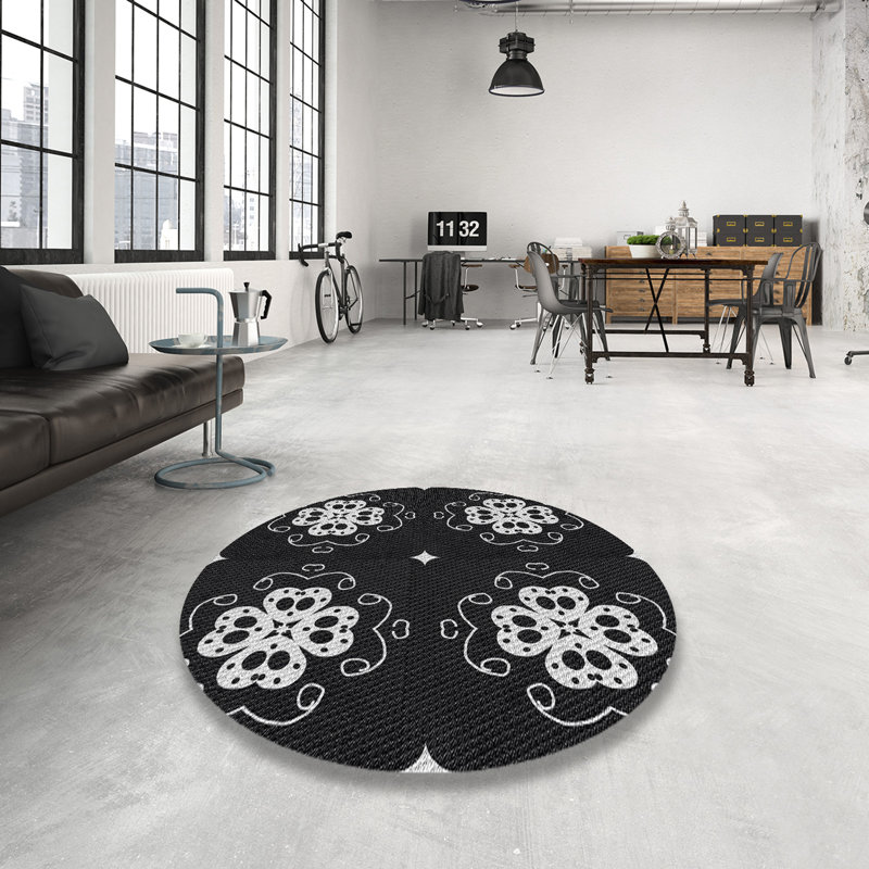 Tapis noir/blanc tissé à la machine, Rond 4 pi