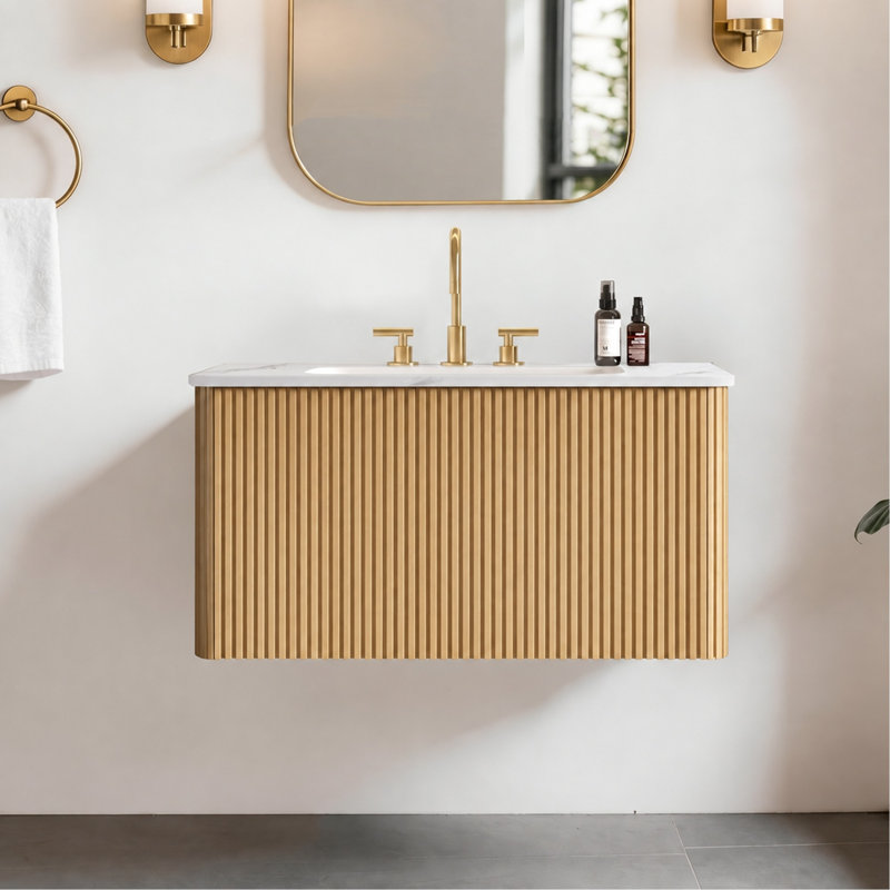Ensemble de meuble-lavabo rayé en chêne clair de 30 po avec lavabo en céramique blanc de Carrare Etna