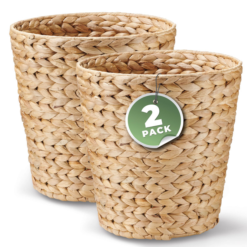 2-Pack Natural Wicker Trash Cans - Rattan Waste Baskets With Metal Frame